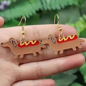 Gold DACHSHUND Hot Dog Dangle Earrings